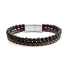 Bracelete Masculino Couro Marrom Trançado com Shambala Vulcânica Aço Inoxidável 20cm Estilo e Força
