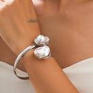 Bracelete pérola barroca dupla irregular prata fino abaulado pulseira rígido aberto cuff manguito ajustável elegante