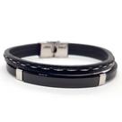 Bracelete Rosso 21 cm em Aço e Couro Preto com Detalhe