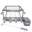 Brasa Grill Gira 4 Espetos + Grelha Moeda Inox 40x40 + Espalhador de Brasa