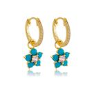 Brinco Argola Cravejada Flor Zircônia Turquesa Pink Prata 925 Banhado a Ouro 18k