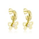 Brinco Argola Lisa com Pingente Borboleta Perola Banhado a Ouro 18k
