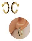 Brinco Argola Pequena Strass Preto Folheado Ouro 18k Antialérgico