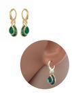 Brinco Argolinha com 2 Pingentes de Cristal Verde Oliva Folheado Ouro 18k Antialérgico