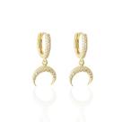 Brinco Argolinha Cravejada com Zircônias Brancas e Pingente Chifre Italiano Banho Ouro 18K