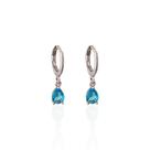 Brinco Argolinha Espelhada e Gota Cristal Azul Turquesa Banho Ródio Branco