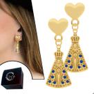 Brinco Base Coração Nossa Senhora com Zircônia Azul Semijoia Banhado a Ouro