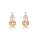 Brinco com pedra oval rosa com moldura cravejada e pedra gota rosa