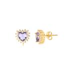 Brinco Coração Ametista Zirconias Folheado Ouro Zircônia Brinco Coração Ametista Zirconias Folheado Ouro Zircônia