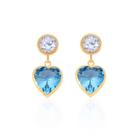 Brinco De Ouro 18k 750 Pingente Coração Zircônia Azul Claro