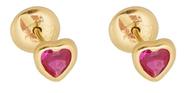 Brinco De Ouro 18k Infantil Coração Zircônia Branca Vermelho Rosa