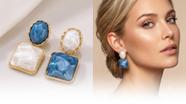 Brinco Feminino Azul e Branco Esmaltado Luxo Banho em Ouro 14k Brinco Feminino Azul e Branco Esmaltado Luxo Banho em Ouro 14k
