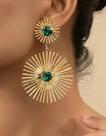 Brinco Feminino Boho Chic Raio de Sol Pedra Verde Brilhante