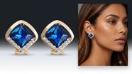 Brinco Feminino Botão de Diamante Dourado Azul Escuro Zirconia Pino de Aço Inox Antialérgico Delicado Minimalista