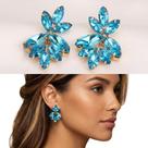 Brinco Feminino Folha Azul Strass Geometrica Zircônias Banho Ouro 18k Luxuoso Brinco Feminino Folha Azul Strass Geometrica Zircônias Banho Ouro 18k Luxuoso