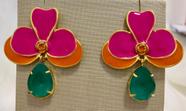 Brinco Flor Esmaltada Pink com Laranja e Pedra Verde