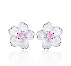 Brinco Flor Prateado Branco Detalhes Pedra Rosa Prata