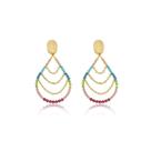 Brinco Gota Com Fio De Cristais Mix Color E Corrente Banhado a Ouro 18k