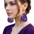 Brinco Gota Roxo com Borboletas Douradas Feminino Luxo -