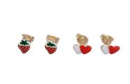 Brinco Infantil Kit 2 Pares Coração Morango Folheado Ouro