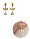 Brinco Lacinho Base Strass Gotinha Cristal Folheado Ouro 18K