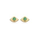 Brinco Leque Cravejado com Zircônia e Pedra Esmeralda Banhado a Ouro 18k