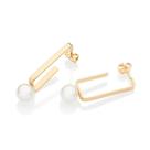 Brinco meia argola retangular banhado a ouro 18k com pérolas sintéticas