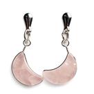 Brinco Meia Lua Pedra Quartzo Rosa Ranhurado Banho Prateado