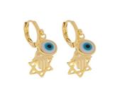 Brinco Mini Argola com Olho Grego, Mão de Fátima e Estrela de Davi Banhado em Ouro 18K