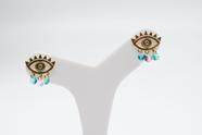 Brinco Olho Grego Liso com Zircônias Coloridas Penduradas Banhado em Ouro 18K