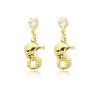 Brinco Pingente Cavalo-Marinho Com Ponto De Luz Zirconia Cravejada Banhado a Ouro 18k
