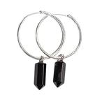 Brinco Prata 950 Pontinha na Argola Pedra Obsidiana Negra