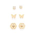 Brinco Rommanel Kit Com 3 Pares Primeiro Segundo E Terceiro Furo Banhado Ouro 18k