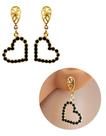 Brinco Strass Coração Preto Folheado Ouro 18k