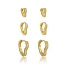 Brinco Trio de Argolinhas Coração Cravejado Prata Banho Ouro 18K