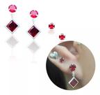 Brincos com Zircônia Vermelho Quadrada Pendurada + Brinco 3mm - Elegância em Detalhes! Rf 1384