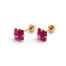 Brincos de Ouro 18k Pedra 4mm Zircônia Quadrada Vermelha