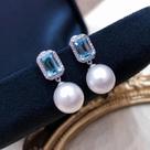 Brincos Femininos Modernos Com Pérolas Simuladas E Zircônia Cúbica Azul Quadrada - Joias Da Moda