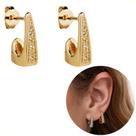 Brincos Femininos Semi Joias Meia Argola Retangular Cravejada Banho Ouro 18k Rodio Branco Garantia acessórios casamento noiva festa formatura