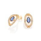 Brincos rommanel banhado ouro 18k feminino pequeno meia argola olho grego cravejado pedra zircônia azul oval 527376