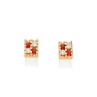 Brincos rommanel banhado ouro 18k feminino pequeno retangular cravejado pedra zircônias vermelhas 527368