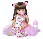 Brinquedo Boneca Bebê Reborn Gatinha ou Girafa Silicone 48cm Olhos Castanho Realista