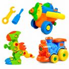 Brinquedo Infantil de Montar com Chave Educativo Kit Trem Dinossauro e Avião