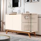 Buffet Aparador 2 Portas Puxador Usinado Vidro Temperado Pés em Madeira Maciça 100% MDF 136cm Linha 2025 Bege