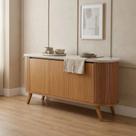 Buffet Aparador 3 Portas Ripado com Vidro e Pés Madeira Maciça 164cm Luna Castanho Cinamomo/Off White
