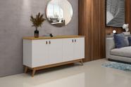 Buffet / Aparador / Balcão / Balcão ABS 4 Portas Modelo Retrô Com Puxadores em Couro e Prateleiras Internas Cor Off White/Nature