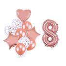 Buque 10 Balões Coração Estrela e 1 Número Metalizado Rose Gold 70cm