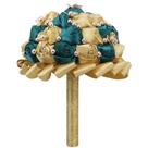 Buquê de casamento de noiva com rosas de cetim douradas e azul-petróleo com miçangas