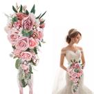 Buquê de casamento de noiva rosa, rosas de seda sintética e orquídeas