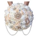 Buquê de casamento de noiva, rosas de cetim de marfim e pêssego com strass